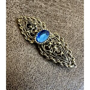 Beautiful Vintage Victorian Bar Style Brooch Pin Gold Tone Blue Gemstone 2"